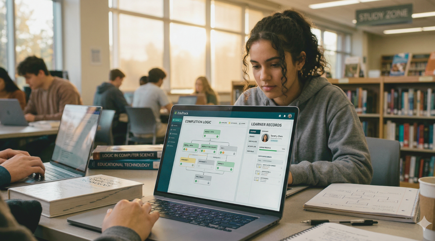 a student works in the library